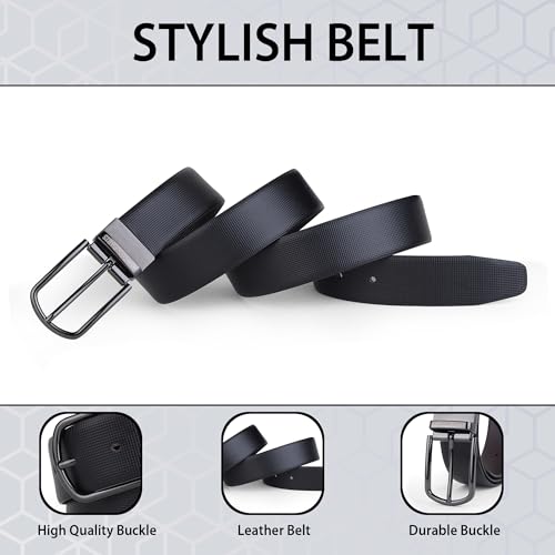 Image of Belts for Men Leather Original, Reversible Black & Brown Formal & Casual Italian Leather Belt with Attached Metal Curved Buckle