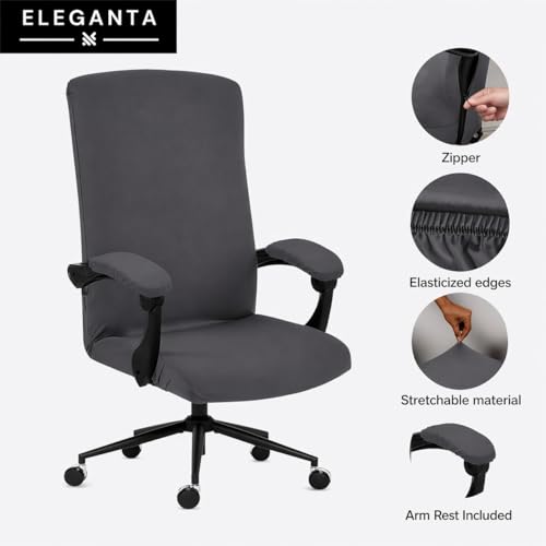 Image of ELEGANTA Stretchable Elastic Boss Office Chair Cover with Handle Covers, Polyester Spandex, Dark Grey (Pack of 1)