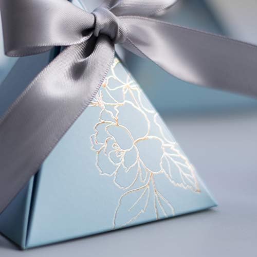 New Triangular Pyramid Candy Box Wedding Rose Paper Gifts Boxes with Card & Ribbon Candy Bags for Guests Chocolate Packaging Box (Blue,100pcs)