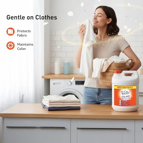 Image of Amazon Brand - Presto! Total Wash Matic Detergent Liquid | 5 Litre | Removes Tough Stains | Gentle On Clothes | Refreshing Fragrance | Liquid Detergent For Washing Machine And Hand Wash