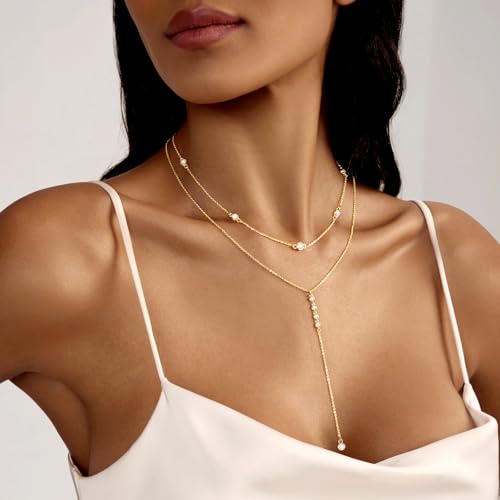 Zeffy Lariat Gold Necklace for Women, Dainty Long Necklace 14k Gold/Silver Plated Layered CZ Beaded Bar Chain Y-Shaped Body Chain Stack Drop Wedding Necklace Trendy Simple Gold Jewelry Gifts 5
