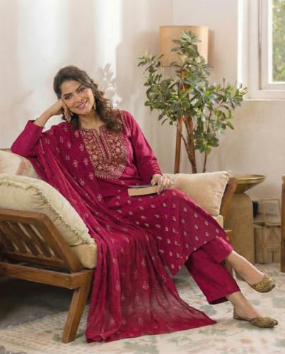 Image of ANNI Designer Women's Viscose Straight Printed Embroidery Kurta with Pant & Dupatta | Long Sleeve Ethnic Kurta Set for Women | Casual Office, Daily, Party Outfits