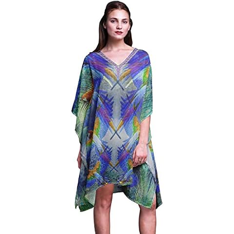 Phagun Blue Branch & Colorful Parrot Bird Ladies Kaftan Holiday Loungewear Midi Dress Beach Coverup-XL-3X Cover