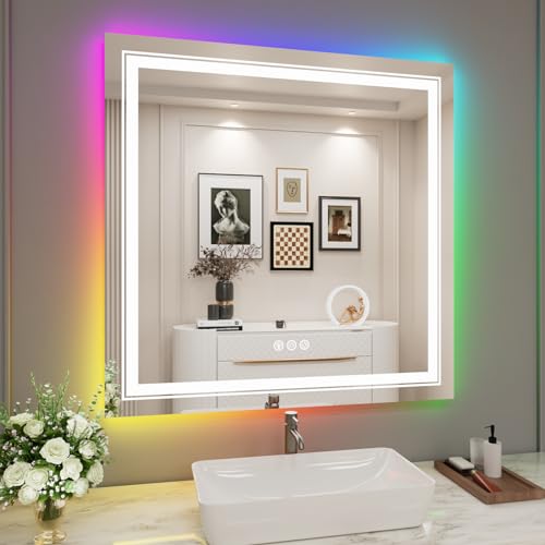 LED Mirror for Bathroom, 38"X38" with 8 RGB Backlit +3 Front Lit (Adjustable Individually), Anti-Fog, Lighted Bathroom Vanity Mirror for Wall, Shatterproof, Memory Function, Tempered Glass