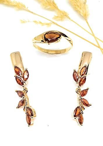Juego de joyas Gerbera con pendientes y anillo de granate para lucir en cenas y bodas 4