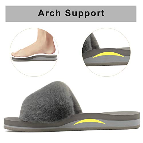 Coface Womens Slides Fuzzy House Slippers For Women Open Toe Fluffy Slippers With Arch Support Plantar Fasciitis Orthotic Slippers Women House Shoes Indoor Size 6 #TOP4