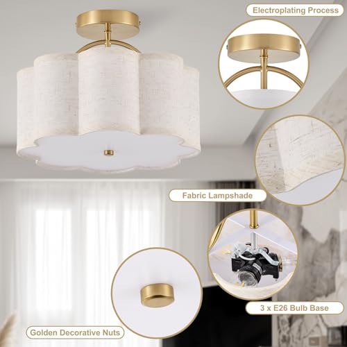 Giutna 13.5" Semi Flush Mount Ceiling Light Fixture for Bedroom, 3-Light Flower-Shape Modern Close to Ceiling Light with Fabric Shade for Hallway Nursery Kitchen Island(Hemp-Color) by Giutna - Used condition - Image 7