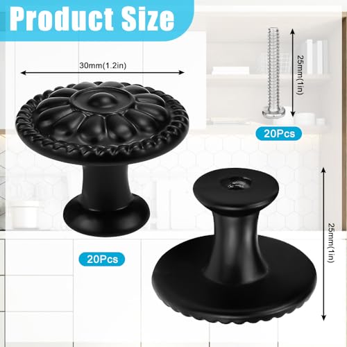 NAROSEBE 20 Stück Möbelknöpfe Schwarz Matt Schubladenknöpfe 30MM Schrankknöpfe Vintage Blumen Kommodenknöpfe Schwarz Schrankknäufe Küchenknöpfe Vintage Rund schrankknopf für Möbel Kommode