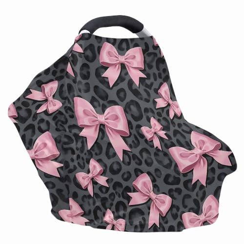 Image of Leopard Print Baby Car Seat Canopy, Bow Nursing Breastfeeding Cover