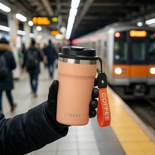 Image of Travel Coffee Tumbler with Lanyard - Insulated Stainless Steel Mug, Leak-Proof, Keeps Hot 6H & Cold 8H - Peach, 400 ML