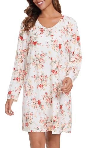 Image of Kabento 2 Pack Long Sleeve Nightgowns for Women Soft Cotton Night Gowns Sleepwear V Neck Nightshirts