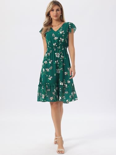 Image of Allegra K Women's Floral Dress Spring Summer V Neck Flutter Sleeve Ruffle Casual Smocked Knee Length Dresses