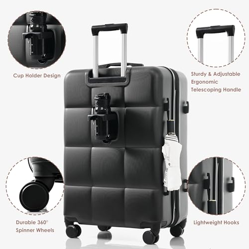 Merax 4 Piece Luggage Set, 20” with USB Port, Expandable ABS Durable Suitcase with Travel Bag, Cup Holder, ABS Hard Shell Luggage with Spinner Wheels, Black+Brown2