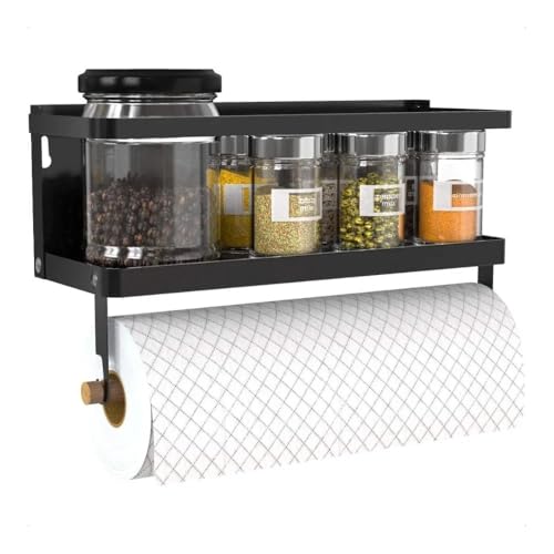 BUFANJIA Soporte magnético para toallas de papel 2 en 1, estante magnético para especias con ganchos, estante de pared para refrigerador, color negro con gancho