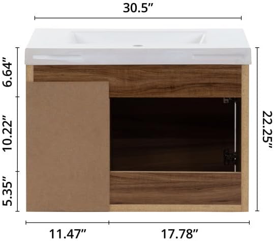 Miniatura 3 de Spring Mill Cabinets Kelby - Moderno tocador de baño flotante de 30 pulgadas con encimera blanca de un solo fregadero, gabinete de 1 puerta, 1 cajón