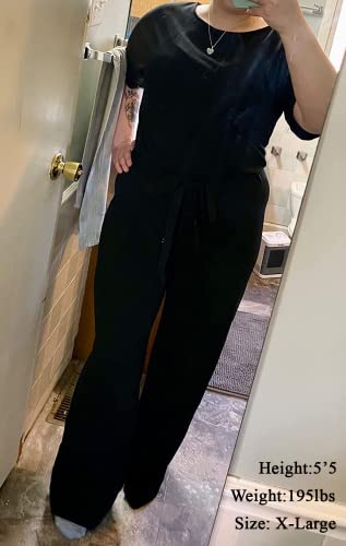 Lemdannu Black Dressy Jumpsuits For Women Travel Loose Crew-Neck Short Sleeve Tie Waist Wide Legs Rompers Black Xl #TOP3