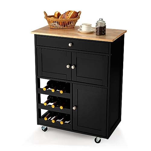 COSTWAY Desserte de Cuisine à roulettes, Rangement Cuisine Plateau en Bois d'Hévéa, Tiroir, Porte-Bouteilles à 3 Niveaux et 2 Placards, Idéal pour...