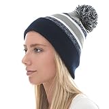 The Hat Depot Winter Soft Unisex Pom Pom Stripe Knit Beanie Skull Slouch Hat (Navy and Grey with...