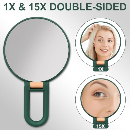 Wisebom Vergrößerungsspiegel, Handspiegel mit Griff, Doppelseitiger Kosmetikspiegel Taschenspiegel mit 1X 15X Vergrößerung, Faltbarer Schminkspiegel für Reisespiegel Rasierspiegel (Weiß)