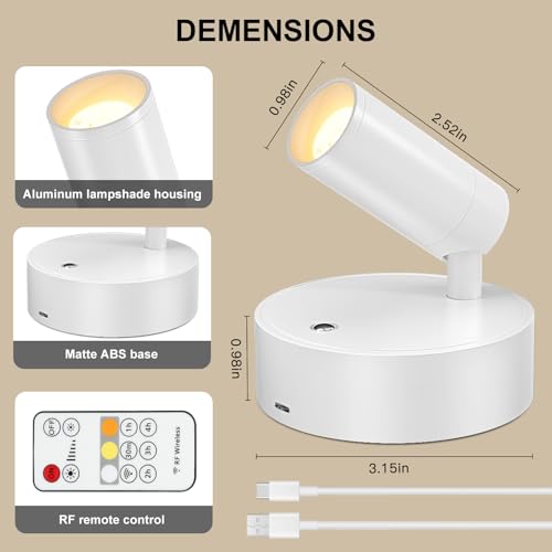 Image of Kimjo Spot Lights Indoor, Wireless LED Spotlight, Uplighting Indoor with Remote and Dimmable, Accent Lighting for Plants, Picture, Battery Operated Wall Light (White 4 Pack)