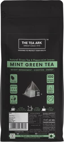 Image of The Tea Ark Mint Green Tea Bags (100 Count) | Natural Herbal Whole Leaf Tea | Individually Wrapped Pyramid Tea Bags
