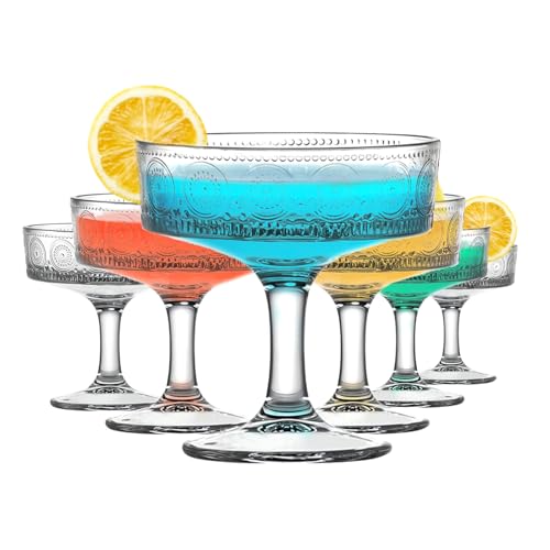 Vintage Coupé-Glas, 200 ml, geprägte Martini-Gläser, florale geriffelte Cocktailgläser, einzigartige, klare Margarita-Gläser, romantische Trinkgläser für Cocktail, Wein, Champagner, 6 Stück