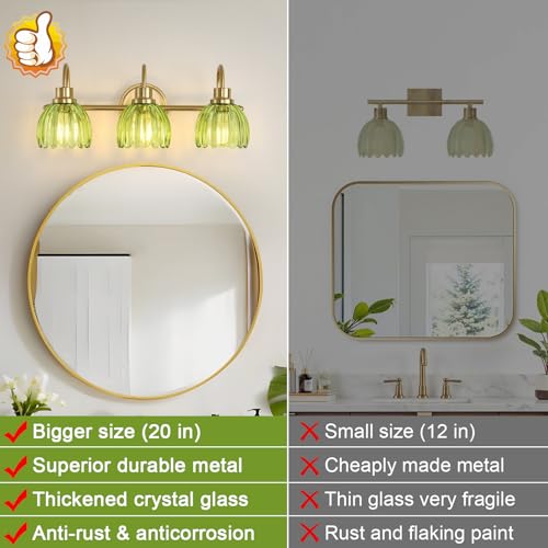 Image of Bathroom Light Fixtures (3-Light, 20 Inch), Brushed Gold Vanity Lights for Bathroom with Ribbed Green Tulip Glass Shade, Vintage Vanity Wall Lights for Mirror Bedroom Living Room Hallway