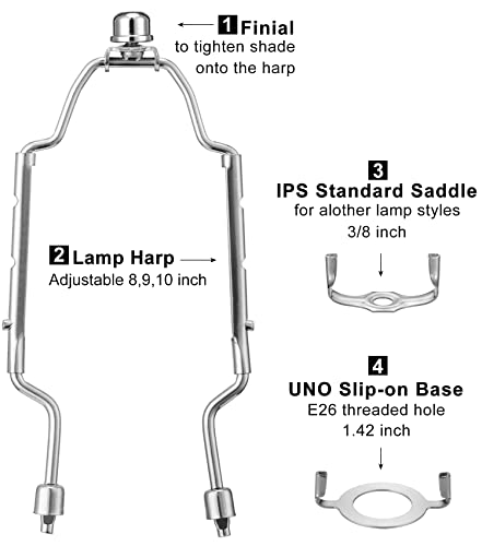 8 9 10 Inch Lamp Shade Holder Kit [Adjustable] For Table And Floor Lamps, Heavy Duty Lamp Parts With 3/8 Standard Saddle, Uno Fitter Adapter And Lamp Finial (Silver) #TOP2