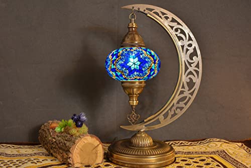 Mozaist Moroccan Mosaic Crescent Shape Table Lamp, Turkish Moon Tiffany Style Handmade Desk Dim Light, Farmhouse Living Room Luna Lighting, Unique Turkish Gift With E12 Socket & Us Plug (Sea Blue) #TOP3