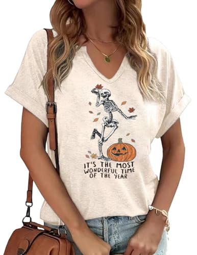 Women Fall T-Shirt V Neck Halloween Pumpkin Shirts Cute Autumn Thanksgiving Graphic Tee Tops