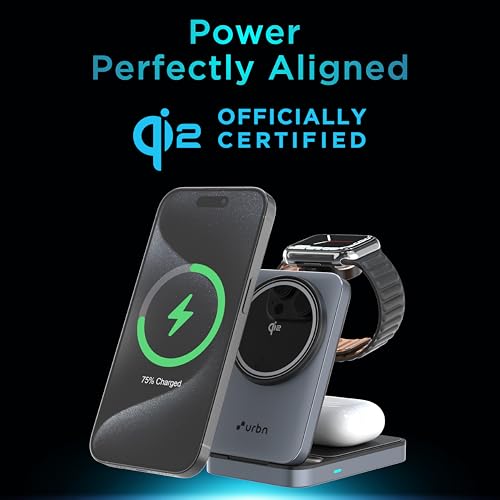 Image of URBN Qi2 Certified 3-in-1 MagSafe Wireless Charging Stand | Foldable Charger for Apple iWatch, AirPods, iPhone 16 /16 Pro /16 Plus /15 /15 Pro Max & Qi-Compatible Smartphones | Sleek Design