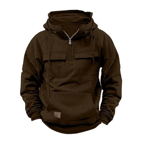 Muscularfit Mens Big and Tall Hoodies Casual Long Sleeve Multi Pockets Cargo Quarter Zip Pullover Sweatshirt Drawstring Shirt