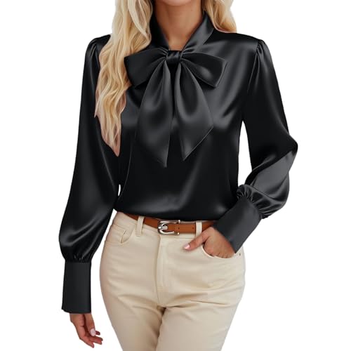 Gefomuofe Elegante jersey de manga larga para mujer, blusa de cuello alto, parte superior con lazo, elegante blusa de satén, para oficina, fiesta, cómoda, camisa de negocios, Negro , XXL