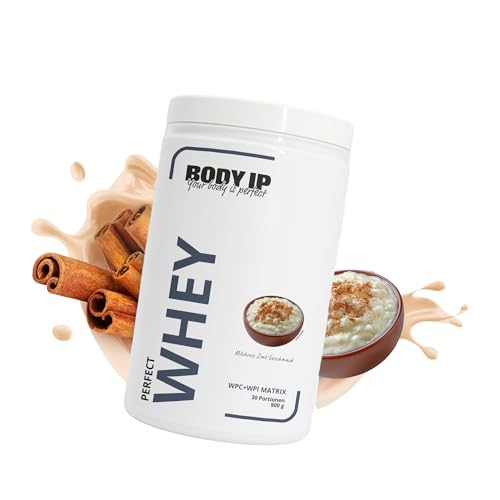 BODY IP Perfect Whey Protein Pulver | Milchreis Zimt | Eiweißpulver für Protein Shake & Muskelaufbau | hoher BCAA Anteil | 30 Portionen | Whey Isolat & Konzentrat | hoher Eiweißgehalt | 900g