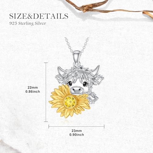 Highland Cow Necklace for Women 925 Sterling Silver Natural Citrine Sunflower Highland Cow Pendant Western Cow Jewelry Birthday Gifts for Daughter4