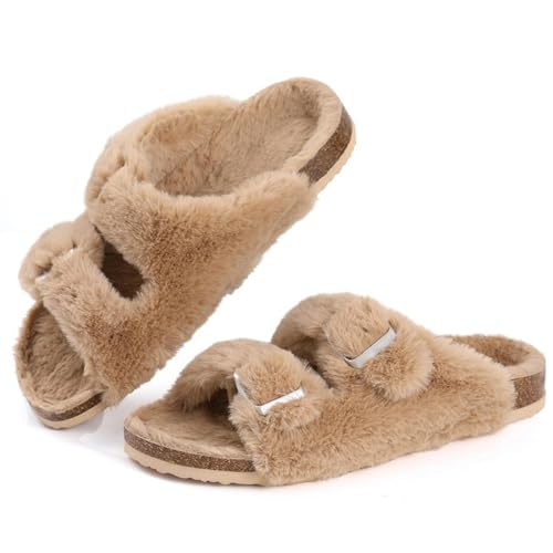 Cork Footbed Plush Slippers For Women Winter Fur Furry Slippers Home Fluffy Slides With Arch Support Fuzzy Flip Flops