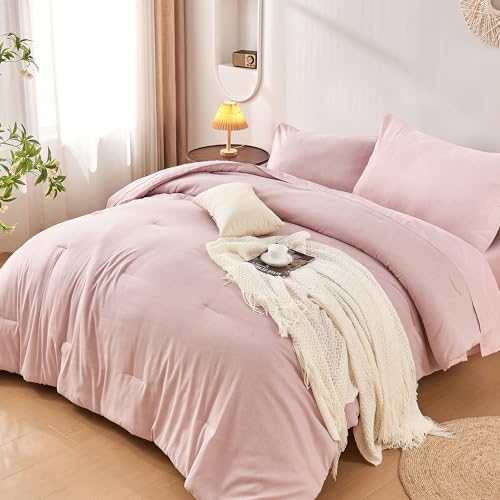 DECMAY Twin/Twin XL Comforter Set 5 Pieces, Pink Twin Bedding Set for College Dorm Girls, Cationic Dyeing Bed in a Bag with Comforter, Pillow Sham, Pillowcase, Flat Sheet and Fitted Sheet