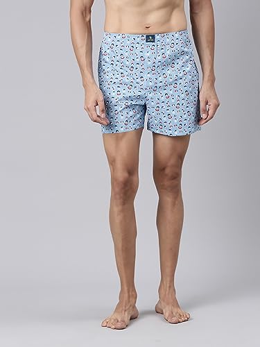 Image of JOVEN Men White, Navy Blue and Blue Printed Compact Cotton Regular Fit Boxer Shorts Pack of 3