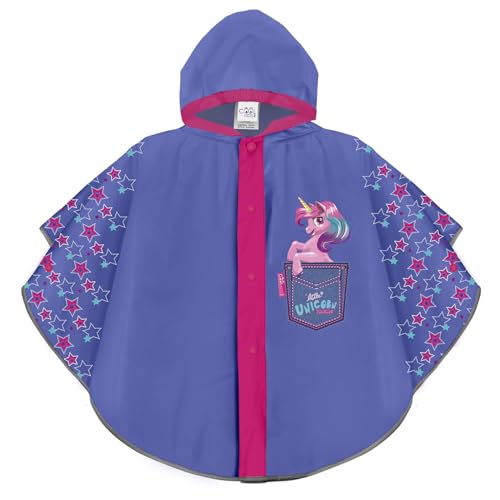 PERLETTI Poncho Impermeable Niña con Unicornio - Chubasquero Infantil Cortaviento Ligero - Abrigo Chaqueta para Niñas 3 4 5 6 Años con Capucha Botones y Detalles Reflectantes (Violeta, 3-6 Años)