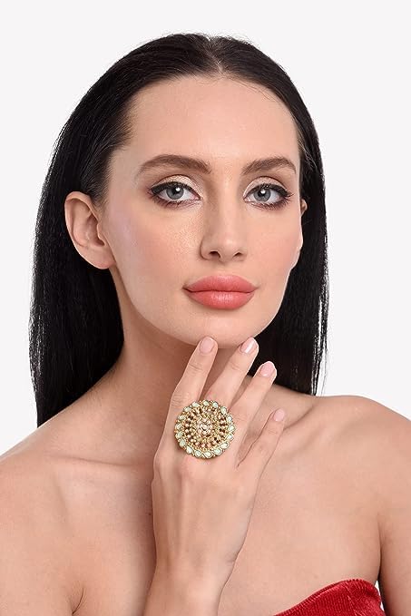 Efulgenz Indian Jewelry Rings for Women Antique Round Faux Pearl Crystal Bollywood Adjustable Big Finger Ring Fashion Party Statement Jewelry for Women4