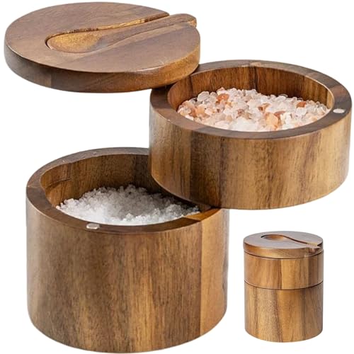 Muzrunq Caja de sal, 2 capas Container de sal de madera, soporte de sal portátil a prueba de polvo con cuchara incorporada y caja de sal de tapa giratoria magnética para servir cocina.