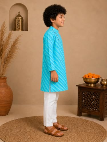 Image of superminis Cotton Boys Sanganeri Lehariya Printed Kurta Set with White Pyjama Elastic Closure