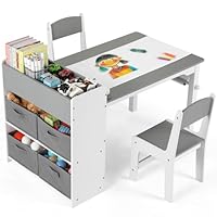 Kids Table and Chair Sets, Art Table with Storage Space, Wooden Children Drawing Table with Paper Wheels and 4 Storage Boxes, Toddler Table and Chairs Set for Drawing, Crafting, Writing, Learning