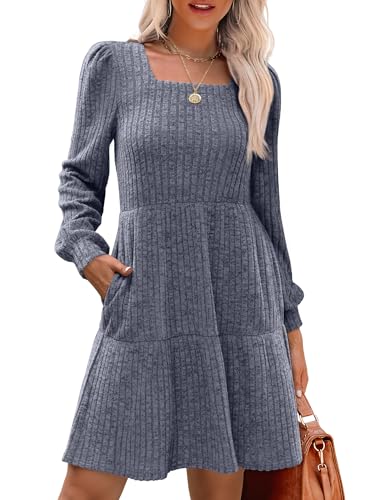 Image of Sampeel Womens Square Neck Long Sleeve Fall Dresses Casual Babydoll Sweater Dress