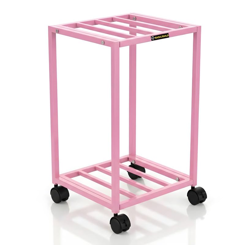 Image of 2-Tier Metal Water Dispenser Stand with Lockable Wheels ? Heavy-Duty Black Frame Cart for 20?25L Bottles, Cans & Jars | Multifunctional Kitchen & Home Storage and Mobility Solution(Pink)