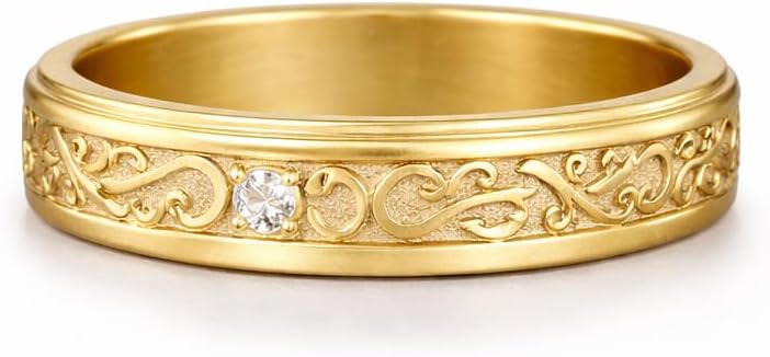 14K Solid Yellow Gold Vintage Wedding Band Engraved Floral CZ Diamond Accent Ring Antique Style Anniversary Band Comfort Fit Handmade Jewelry Gift For Her