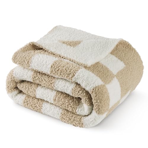 Bedsure GentleSoft Checkered Twin Blanket for Couch, Super Soft Cozy & Warm Knit Throw Blanket, Lightweight & Fluffy Plaid Blankets for Bedding, Sofa, Gifts for Women Men, Beige, 60x80 Inches