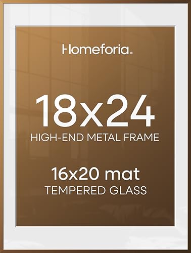 Image of Homeforia Picture 18x24 Bronze Frame, High End Metal 18x24 Brass Poster Frames with Mat 16x20 for Photo, 18 x 24 Frame Matted to 16 x 20 Print, 24x18 Hanging Frames, Tempered Glass, Wall Kit, Set of 2