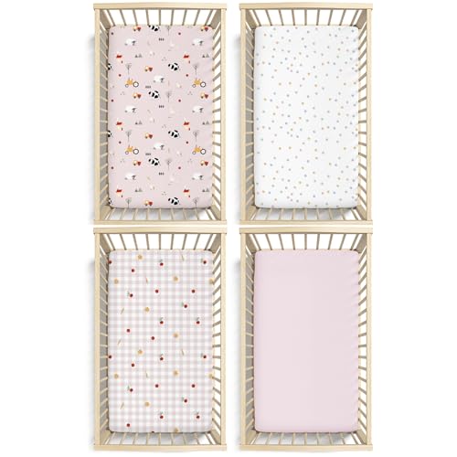 Image of Plushii Crib Sheets for Girls Boys,Baby Crib Sheets Fitted 4PK for Standard Crib and Toddler Bed Mattress,52 inchx28 inchSoft Breathable Microfiber Crib Mattress Cover with Cute Patterns,Ranch-Pink
