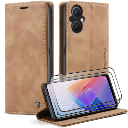 Coque Oppo A96 5G en cuir brun élégant avec étui portefeuille et verres